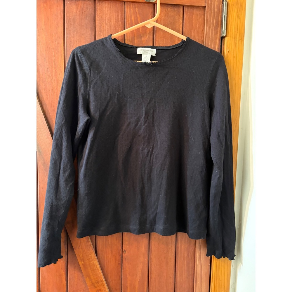 Jones New York Sport Womens Black Cotton Long Sleeve Picot Trim Top Size S